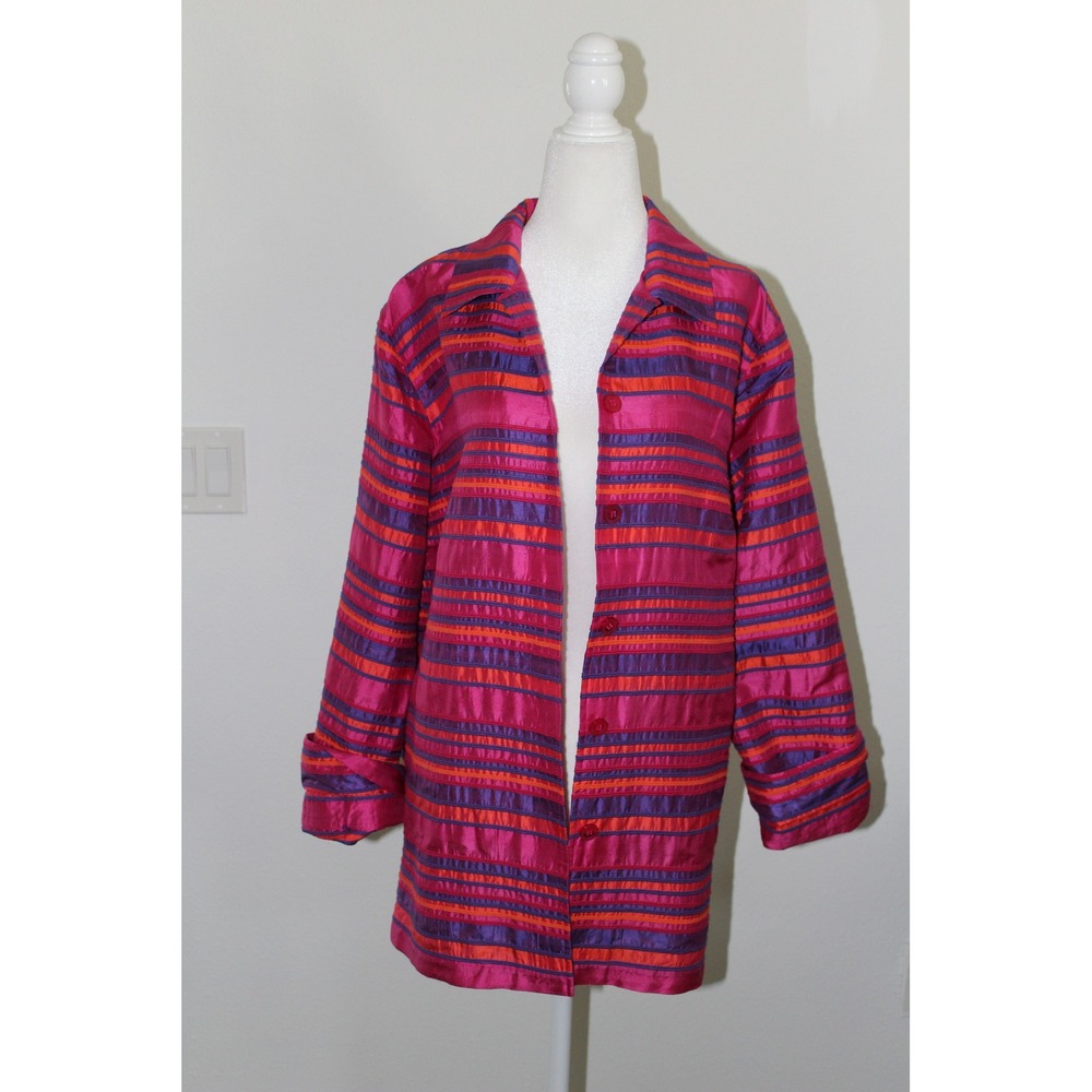 VTG Spirit 100% Silk Striped Pintuck Shirt Jacket Pink Purple Orange 1X‎ Plus